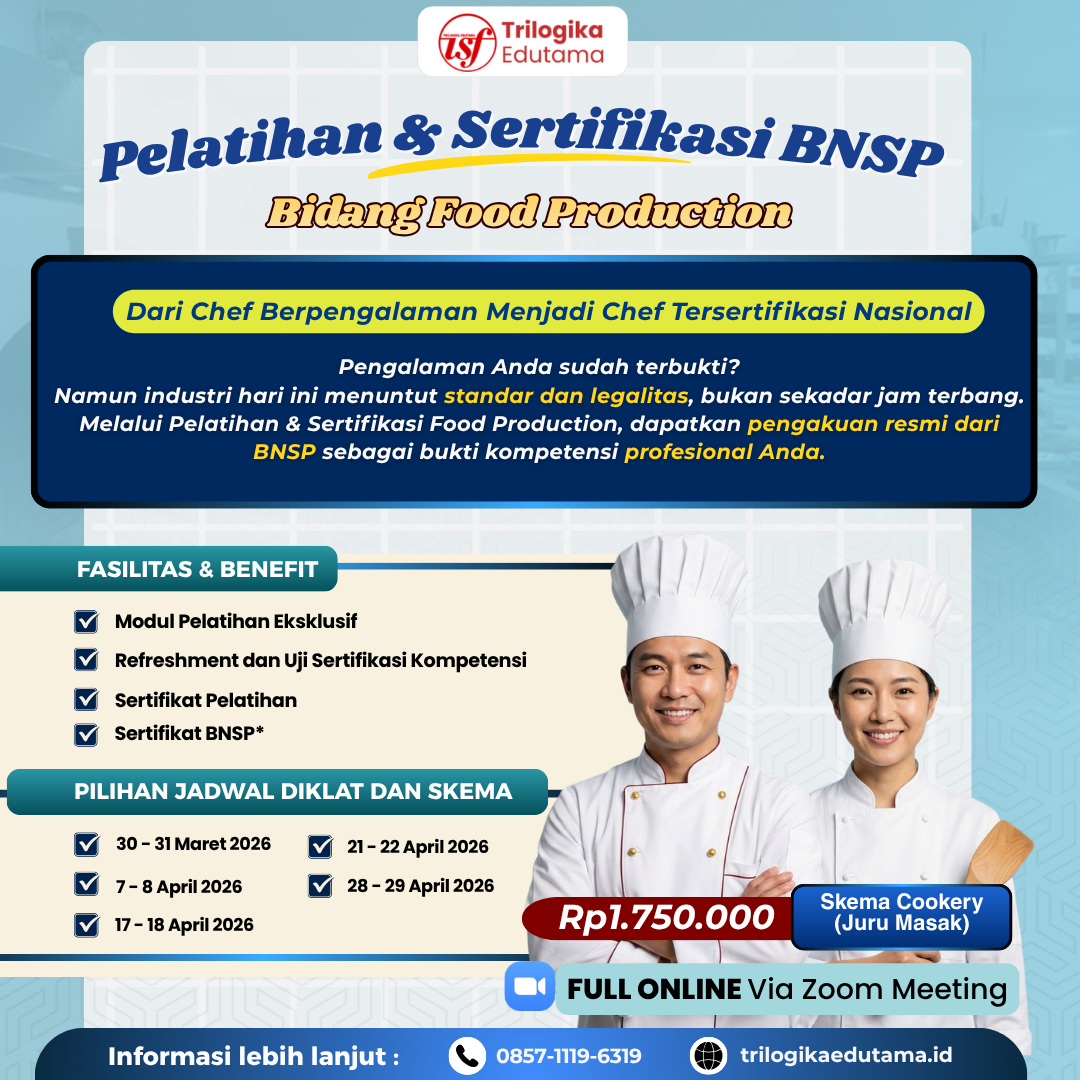 DIKLAT & SERTIFIKASI BNSP "COOKERY ATAU JURU MASAK" FULL ONLINE APRIL 2026